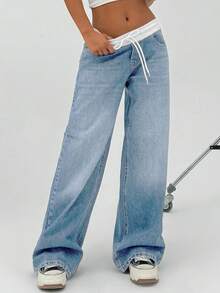 CasuGlow 100%纯棉女式短裙，年轻款低腰阔腿宽松牛仔裤 - 淺色水洗藍 - 查看 3