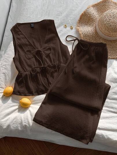 Comfortcana Brown Knit V-Neck Tie Front Sleeveless Shirt And Pants Casual Suit For Women Brown Bathing Suit Women Women Summer 2 Pieces Sets Brown Two Piece Set Women