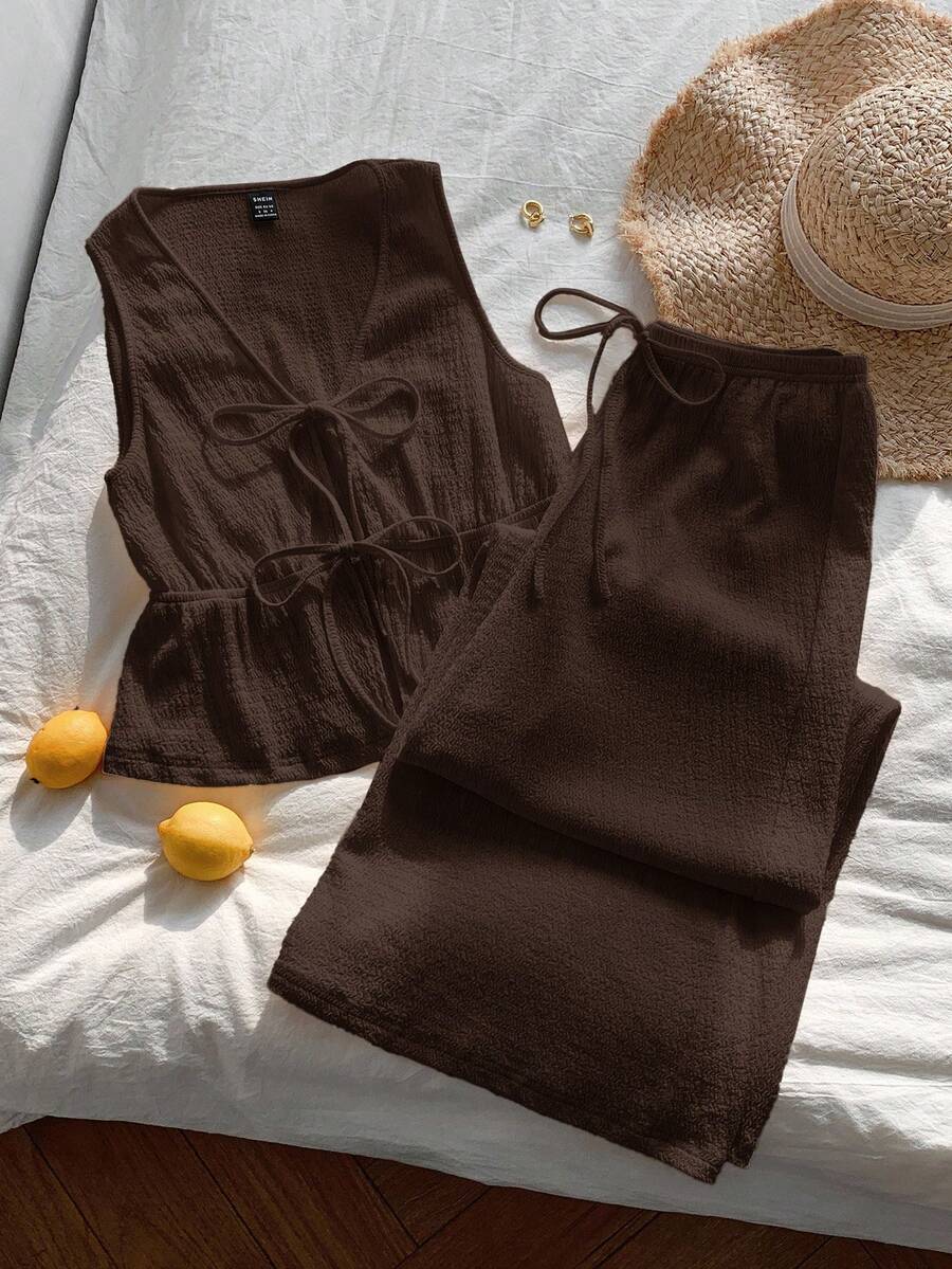 Comfortcana Brown Knit V-Neck Tie Front Sleeveless Shirt And Pants Casual Suit For Women Brown Bathing Suit Women Women Summer 2 Pieces Sets Brown Two Piece Set Women - Brown - View 1