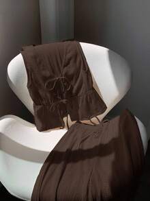 Comfortcana Brown Knit V-Neck Tie Front Sleeveless Shirt And Pants Casual Suit For Women Brown Bathing Suit Women Women Summer 2 Pieces Sets Brown Two Piece Set Women - Brown - View 4