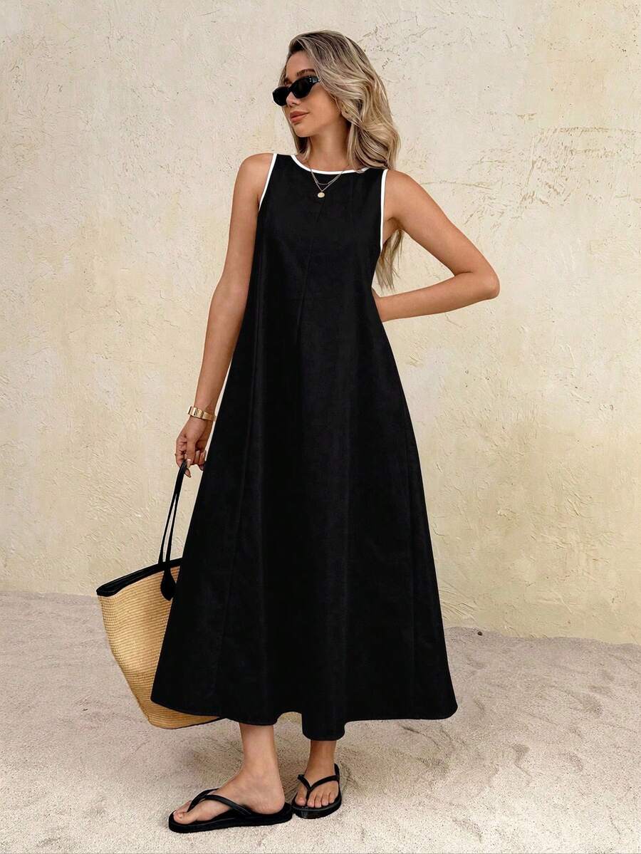 SHEIN Frenchy 女士无袖长款休闲度假连衣裙 - 黑色 - 查看 1