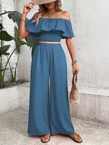 Breezaya Women's Vacation Solid Color Ruffle Off-Shoulder Cropped Top And Wide Leg Fashionable 2-Piece Set - Navy Blue - View 5