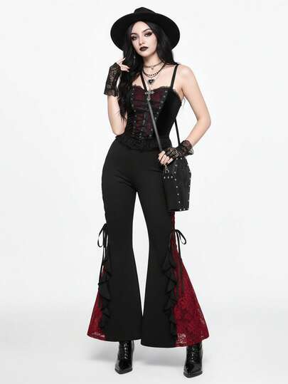 Goth Women Retro Gorgeous "Daydreamer" Ruffle Trim Colorblock Lace Tie Flared Pants