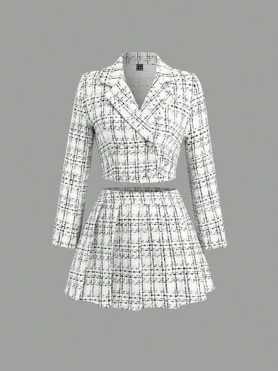 Sweetra 女士优雅格纹双排扣短款外套和百褶裙两件套，适合春秋季Y2K风格穿搭