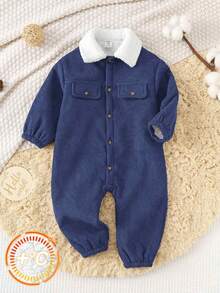Baby Boys Thermal Lined Jumpsuit, Thickened Warm Turtleneck Long Sleeve Outfit, Comfortable Versatile Casual Cute Simple Basic Style, Suitable For Indoor, Outdoor, Daily Wear, Sports, Play, Party, Photo Shoot, Halloween In Autumn/Winter - Navy Blue - View 4