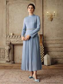 Anewsta Women's Elegant Pleated Long Sleeve Holiday Blue Winter Dress, A-Line Street Style Dress - Blue - View 5