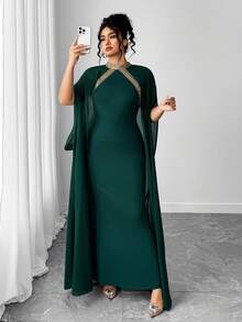 Elenzga Bata elegante de talla grande para mujer, ajustado - Verde Oscuro - Ver 3