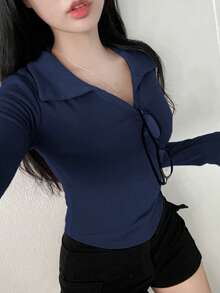 DAZY Áo thun dài tay ôm sát cho nữ, kiểu dáng tôn dáng, áo lót gợi cảm phong cách Y2K - Màu xanh hải quân - Xem 2