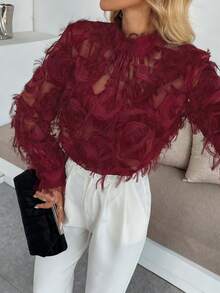 Rafferiza Women's Fashionable Black Fluffy Long Sleeve Shirt - Burgundy - View 3