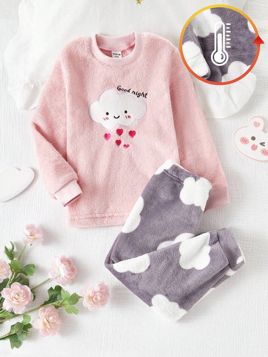 SHEIN Genkimix Kids Áo hồng cho bé gái, Áo dài tay thêu hình đám mây bán chạy nhất kết hợp với quần dài vải nhung in hình đám mây màu xám Bộ đồ ngủ - Hồng - Xem 1