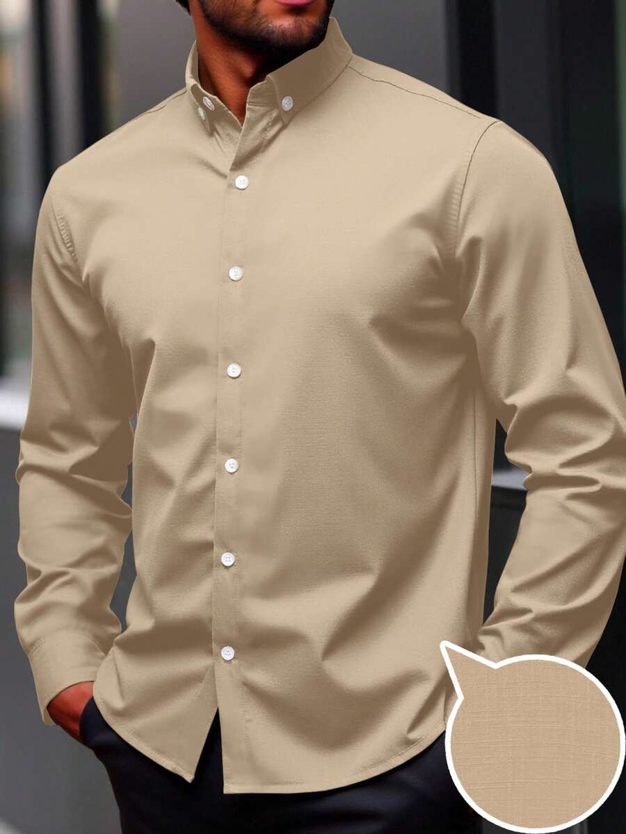 Manfinity Homme 男士加大码纯色前开襟休闲长袖衬衫 男士长袖衬衫 浅棕色衬衫 男士卡其色衬衫 男士米色衬衫 男士卡其色衬衫 - 杏色 - 查看 1