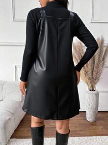 SHEIN Frenchy فستان بياقة على شكل حرف V بدون أكمام ولباس علوي بأكمام طويلة مجموعة كاجوال بقطعتين للمقاسات الكبيرة - الأسود - مشاهدة 4