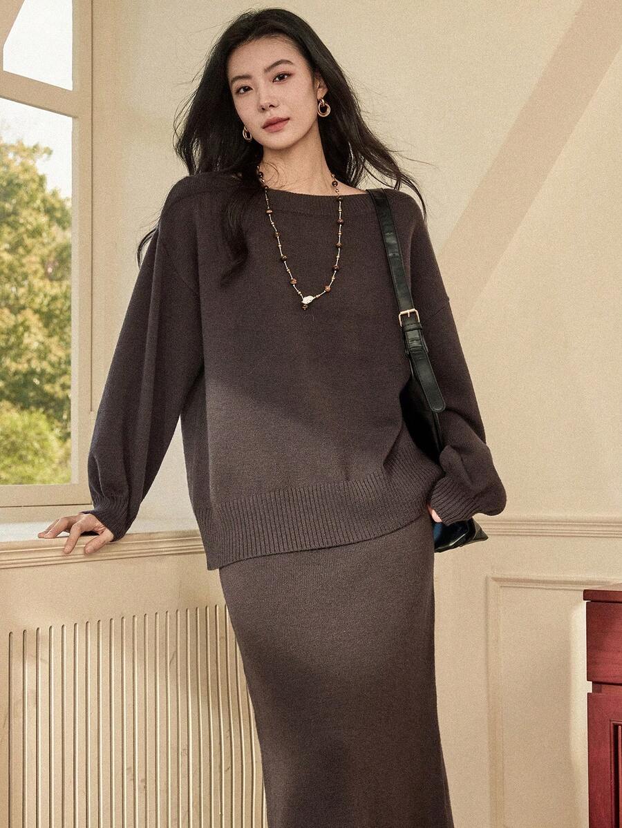 Dazy-Less 女士优雅简约圆领宽松针织毛衣和半裙两件套，秋冬商务休闲女装 - 深灰色 - 查看 1