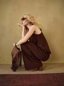 MOTF STUDIO 2 PIEZAS CONJUNTO CASUAL DE MUJER CON TOP Y PANTALONES CON CUERDA TRENZADA Y ADORNO DE CUENTAS - Café integral - Ver 3