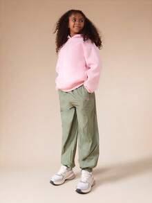 SUMWON Girls Seam Detail Wide Leg Elastic Waist Jogger Pants With Pink Embroidered Logo Casual Sweatpants For Everyday Comfort Vacation - Army Green - View 3