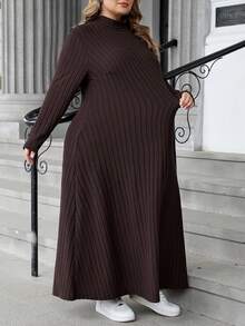 SHEIN CURVE+ Váy len dệt kim dáng chữ A dài tay cổ lọ gân cỡ lớn dành cho nữ, mùa thu/đông - màu nâu - Xem 6