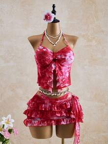 Bellisia Women's Summer Vacation Beach Ruffled Halter Bikini Set Women's Beach Bikinis Summer 2026 Summer Outfits For Women Beach Dress  Beach Outfits For Women Elegant Casual Summer Holiday Outfits  Vacation Outfits For Women Graphic Polka Dot Flower Elegant Pink Floral Print Sexy Four-Piece Swimsuit Set Red Two Piece Set Festival Two Piece Outfit Ruffle Set Red Skirt Set Havana Nights Outfit - Multicolor - View 1