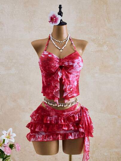 Bellisia Conjunto de bikini con volantes y cuello halter para vacaciones de verano de mujer