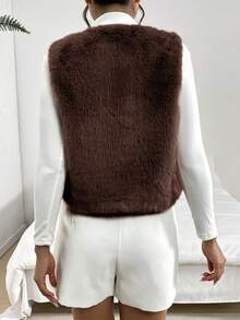 SHEIN Essnce 女士纯色系带仿毛皮背心外套，秋冬季 - 咖啡棕 - 查看 5