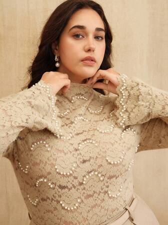 Anewsta Women Plus Size Elegant Pearl Lace Turtleneck Flare Sleeve T-Shirt, Autumn/Winter