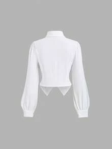 Sweetra 优雅法式学院风初秋时尚新款长袖设计温柔女士条纹领带搭配独特褶裥修身简约性感女士衬衫 - 白色 - 查看 7