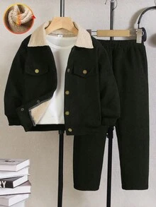 Genkimix Kids 2pcs Young Boy Fashion Outfit, Thermal Lined Cardigan Jacket Paired With Elastic Waist Pants, Suitable For Formal Events, School, Holidays, Daily Wear - Black - View 7