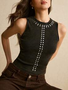 Poéselle Women's Black Knitted Round Neck Tank Top With Rivet Detail Regular Length - Black - View 6