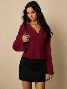 Poéselle 女士优雅通勤纯色收腰喇叭袖衬衫，秋季 - 酒紅色 - 查看 6