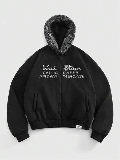 EASEVO Plus Size Men's Faux Fur Collar Zip-Up Hooded Sweatshirt , Thermal Lined Letter Graphic Zip Up Fur Trim Zip Up Hoodie Graphic Hoodies