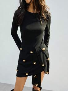 Maija Valentines Day Dress Dresses Women's Elegant Button Decorated Long Sleeve Dress, Autumn Black Dresses For Women Black Dress Long Sleeve New Year's Outfit For Women Spring Outfit Women - Apricot - View 3