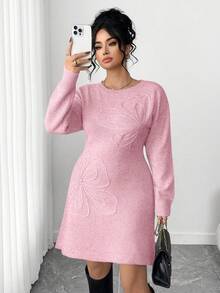 Elenzga فستان كنزة صوفية بطبعة زهرية أنيقة لحجم كبير للنساء، موسم الخريف/الشتاء - وردي - مشاهدة 5