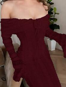 Jemour Trang phục Tea Break ngọt ngào và thanh lịch Đầm maxi trễ vai tay dài Trang phục hẹn hò Đầm hoa 3D - Màu Đỏ Sâu - Xem 3