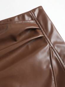 SHEIN Tall Váy chữ A bằng da PU xếp ly eo cao không đối xứng, phong cách Pháp cổ điển thanh lịch, đa năng, gợi cảm, phù hợp cho các buổi hẹn hò, tiệc tùng, mặc hàng ngày, công sở, xuân/hè/thu/đông - màu nâu - Xem 4