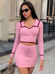 Almamuse Women's Contrast Color Collar Long Sleeve Cropped Sweater & Ribbed Bodycon Mini Skirt Set,Pink Autumn Smart Casual School Back-To-School Two Piece Set - Pink - View 3