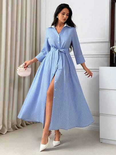 EURMUSE Women's Blue And White Striped Long Shirt Dress – 3/4 Sleeve Collared Belted Midi Dress, Cotton Blend Button Down Casual Dress With Pockets, Elegant A-Line Summer Outfit, Classic Office Wear, Nautical Style