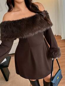Vionelle Plus Size Detachable Fur Collar & Cuff Off-Shoulder Dress, Elegant Brown Autumn Coffee Dark Chocolate Top Blouses For Women - Brown - View 8