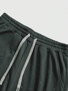 ROMWE MEN Street Life Men's Drawstring Waist Straight Leg Sweatpants With Street Style American English Rhinestone Print - Dark Grey - View 4