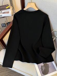 INAWLY Plus Size Women's Solid Color Long Sleeve Beaded Sweatshirts - Black - View 2