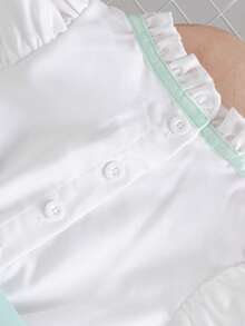 SHEIN 女婴优雅甜美时尚白色喇叭袖蕾丝领绿色爱心印花拼接褶皱阔腿领绿色丝带蝴蝶结装饰连体裤，适合拍照、上学、街头穿着 - 綠色 - 查看 6