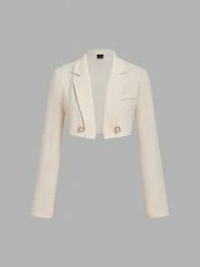 SHEIN MOD 女士纯色翻领长袖外套和褶裥吊带连衣裙优雅套装 - 杏色 - 查看 5