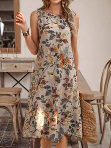 EMERY ROSE Vestido casual de longitud media con cuello redondo y sin mangas, con estampado floral, perfecto para vacaciones - Multicolor - Ver 6