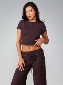 MISSGUIDED Ribbed Button Front Crop Top And Wide Leg Palazzo Pants Pajama Co Ord Set With Lettuce Edge Trim - Coffee Brown - View 5