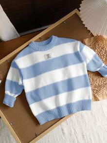 LMoss Kids LMoss 1件装 男童韩版可爱休闲条纹高领宽松保暖毛衣，可内搭或外穿，适合外出、上学、日常聚会、圣诞节、秋冬季 红白条纹毛衣 儿童针织毛衣 条纹毛衣 - 淺藍色 - 查看 4