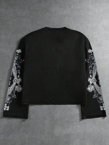 Manfinity EMRG 男士休闲时尚街头耶稣标语印花长袖短款T恤，春秋季耶稣黑色衬衫 - 彩色 - 查看 3