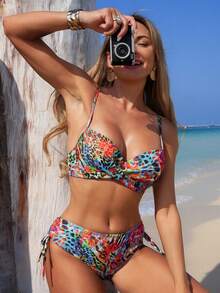 Swim Lushoire Random Print Padded Underwire Tankini Swimsuit Set For Women - Red - View 3