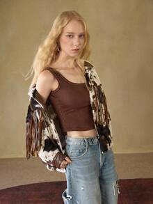 MOTF STUDIO SOLID STUDDED SQUARE NECK SLIM FIT CROP TANK TOP , FALL WINTER - Coffee Brown - View 5