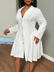 Truni Itsmisslys Plus Size Women's Solid Color Shawl Collar Long Sleeve Single-Breasted Pleated Design Elegant Dress, For Pear Triangle Body Shape - White - View 6