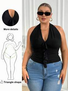 Truni Fall Clothes For Women,WinterWomen's Plus Size Ruffled Ruffle Halter Top - Black - Black - View 1