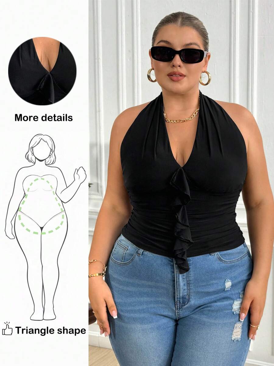 Truni Fall Clothes For Women,WinterWomen's Plus Size Ruffled Ruffle Halter Top - Black - Black - View 1