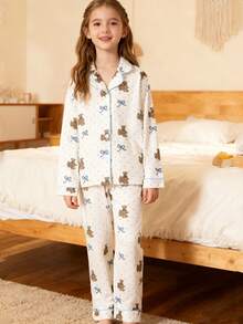 Conjunto de pijama de manga larga con lunares y diseño de oso lindo para niñas